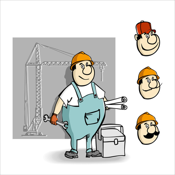 Cartoon builder with a key and drawings for construction. - Vector, Image