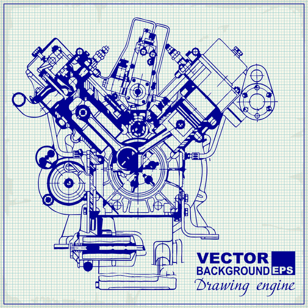 Drawing old engine on graph paper. - Vector, Image
