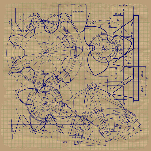 Old technical background, gear on graph paper craft - Vector, Image