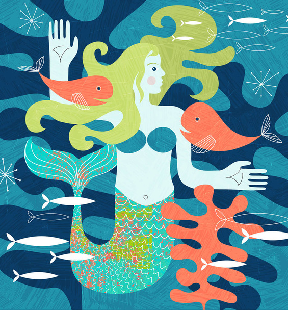 Beautiful mermaid with fish friends swimming among coral. Unique retro style illustration for girls room decor, textiles, wall art. Matisse inspired. - Vector, Image