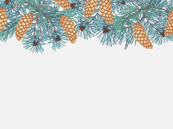 Ramitas de coníferas, conos de pino dorado, patrón horizontal sin costuras
 - Vector, imagen
