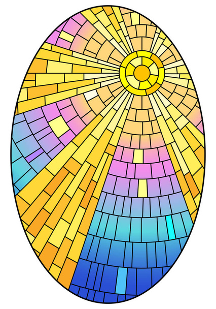 Illustration in stained glass style with abstract celestial landscape, sun with rays against the sky, oval image - Vector, Image