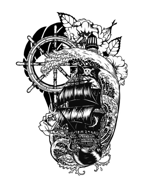 Pirate skull with ship vector tattoo by hand drawing.Beautiful ship on wave background.Black and white graphics design art highly detailed in line art style. - Vecteur, image