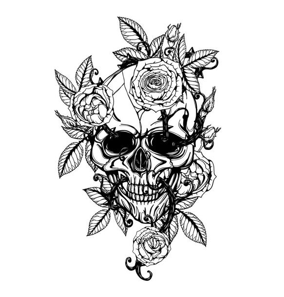 Skull with roses tattoo by hand drawing.Tattoo art highly detailed in japanese line art style.Black and white line art pattern for paint - Vector, Image
