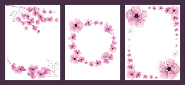 花のついたカードのセット。ベクトルの花桜だ花のフレーム花セット. - ベクター画像