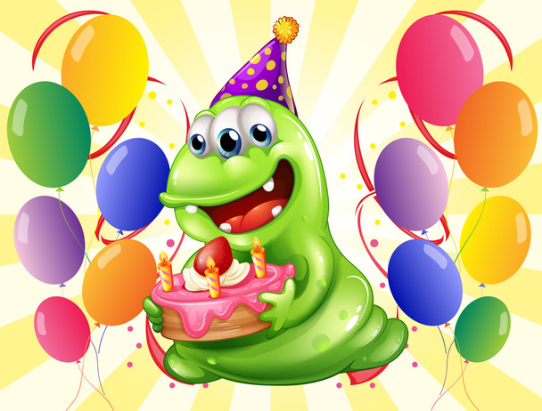 Um monstro feliz rodeado de balões
 - Vetor, Imagem