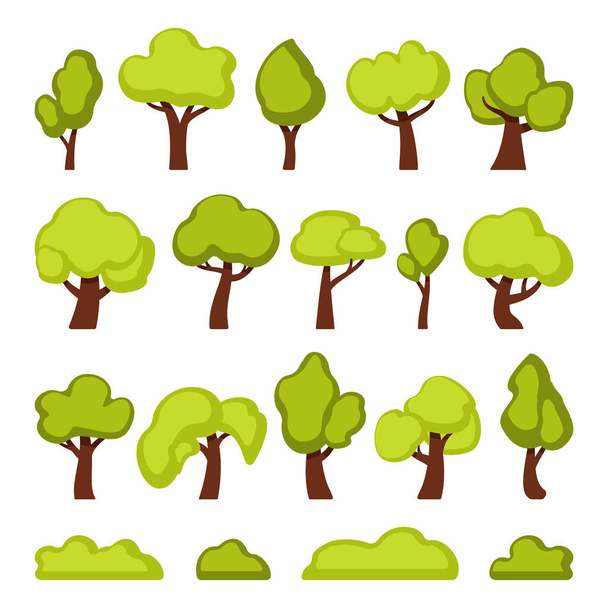 Green forest trees and bushes cartoon vector illustrations set - Vector, imagen