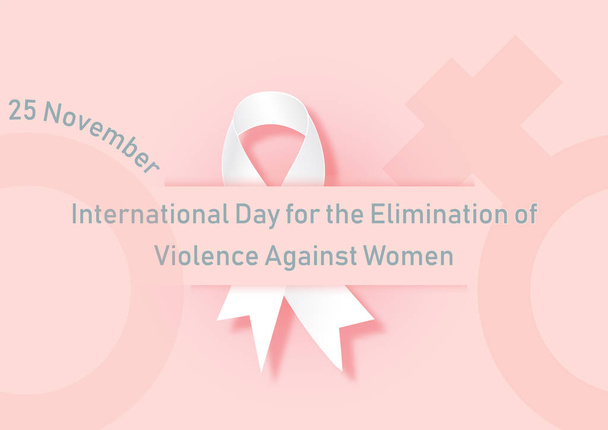 el día y el nombre de la frase "Eliminación de la violencia contra las mujeres" en azul sobre la cinta blanca y el símbolo de la mujer y el fondo rosa. Todo en diseño vectorial
. - Vector, imagen