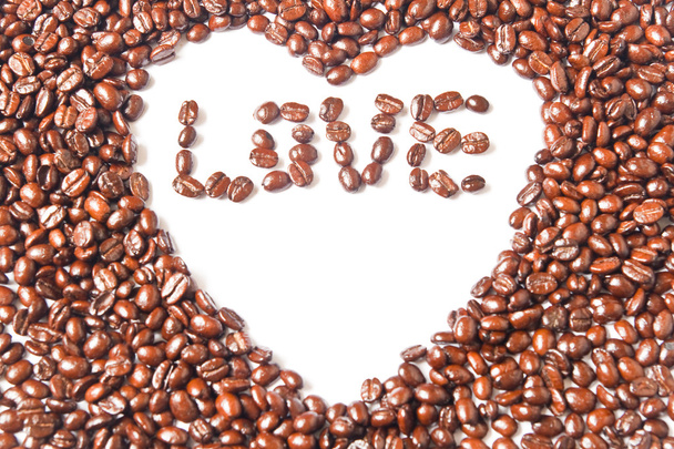 Sydän ruskea kahvipapuja ja sana rakkauden
 - Valokuva, kuva