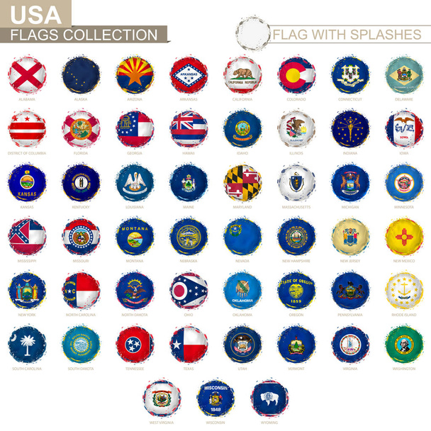 Colección de banderas del estado de Estados Unidos, bandera grunge redonda con salpicaduras
.  - Vector, imagen