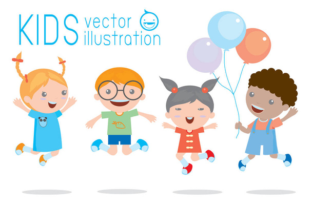 Niños saltando con alegría, niños saltando felices, niños jugando dibujos animados felices, niños jugando sobre fondo blanco, ilustración vectorial
 - Vector, imagen