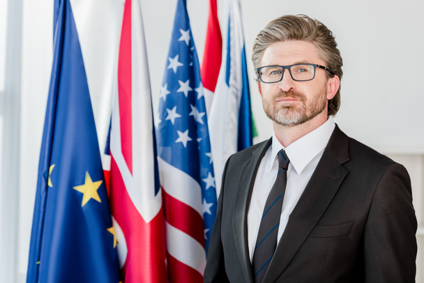 handsome diplomat in glasses looking at camera near flags  - Fotografie, Obrázek
