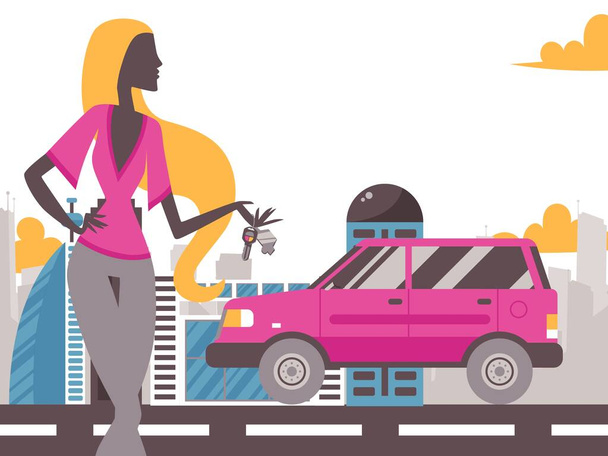 Молодая женщина держит ключи от новой машины, векторная иллюстрация. Мода модель позирует с автомобильным ключом на дороге. Плоский городской пейзаж, силуэт красивой девушки
 - Вектор,изображение