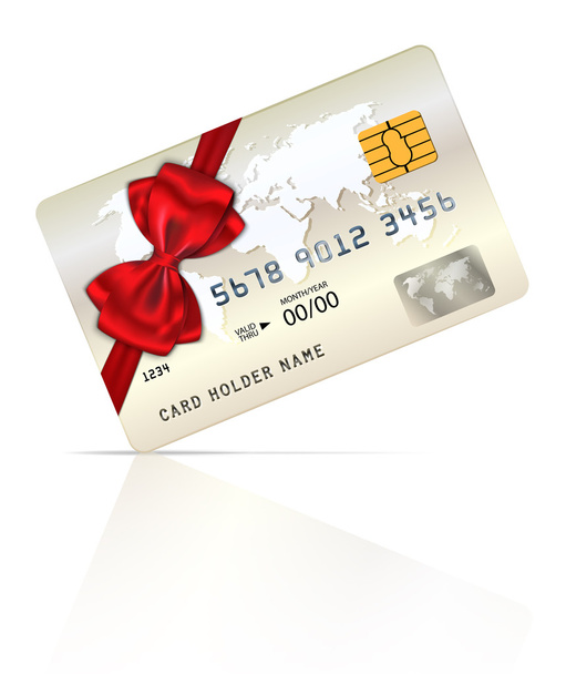 Credit or debit card design with red ribbon and bow - Vector, afbeelding
