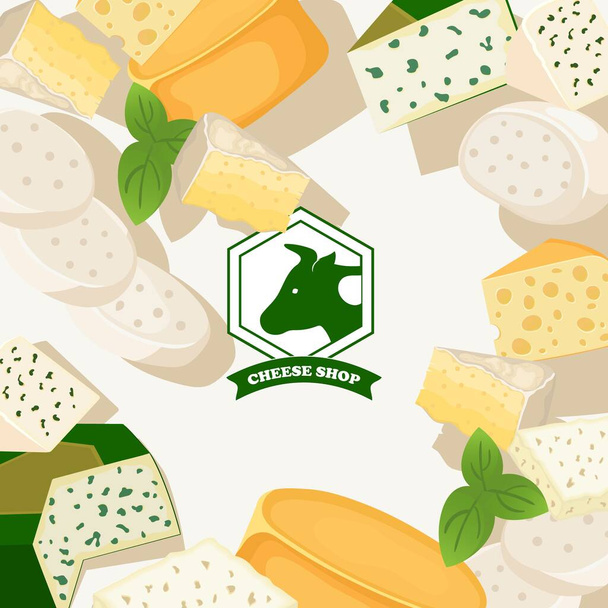 チーズショップの背景ベクトルイラストチーズのさまざまな種類の盛り合わせ、おいしい天然乳製品、おいしい青いチーズ。有機食品店パンフレット又は小冊子 - ベクター画像