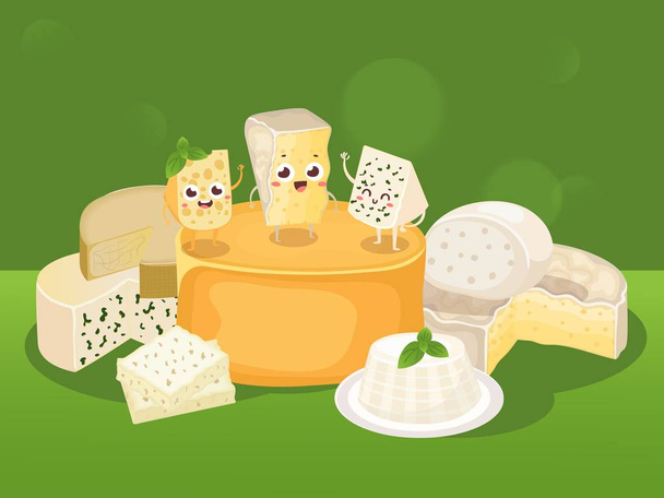 Sajtvektor illusztráció. Különböző sajtok, finom természetes tejtermékek, finom kék sajtok. Organikus élelmiszerbolt plakátja, brosúrája vagy füzetborítója - Vektor, kép