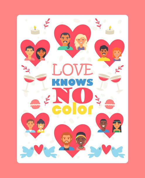 Typografický plakát lásky nezná barvu, vektorové ilustrace. Romantické ikony s mezinárodními páry různých ras dohromady. Valentýnské přání, symboly lásky srdcí - Vektor, obrázek