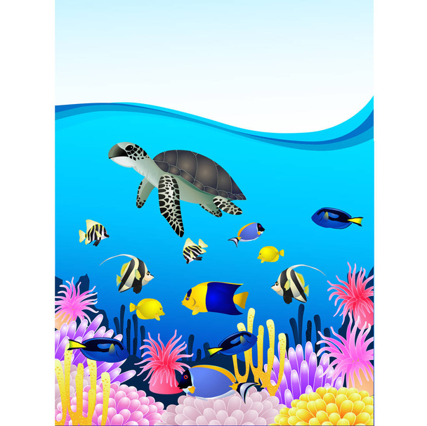 Underwater landscape with turtle and fish - Vector, Image
