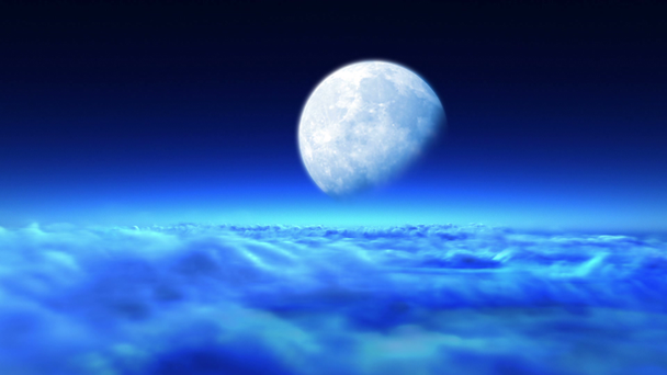 schöner Nachtflug über Wolken zum Mond, nahtlose Looping-3D-Animation - Filmmaterial, Video