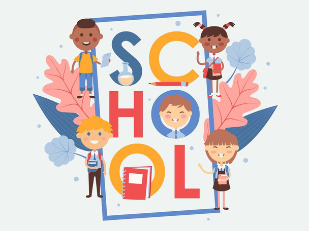 School typography poster vector illustration. Children education booklet cover flat style. Smiling kids cartoon characters. Happy schoolchildren with books - Vector, Image