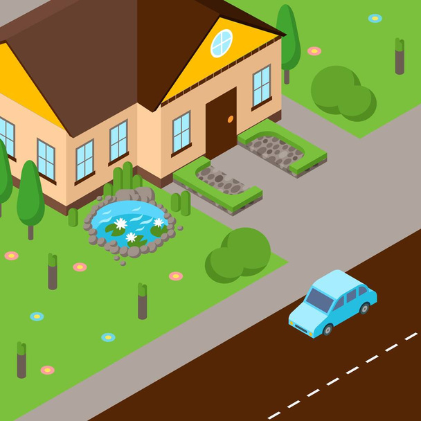 isometrische Straßenszene, Vektorillustration. Haus mit grünem Rasen, Straße und Auto auf der Straße. perspektivischer Blick von oben. isometrisches Spieldesign im Comic-Stil - Vektor, Bild