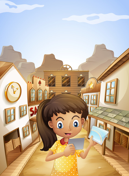 A girl watching the pictures while standing near the saloon bars - Vector, Image