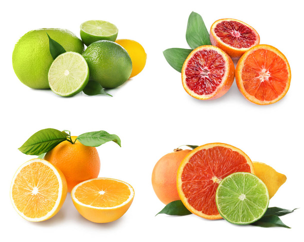 Different tasty citrus fruits on white background - Foto, afbeelding