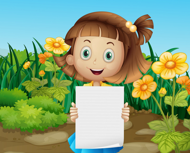 A cute little girl holding an empty sheet of paper - Vector, Image