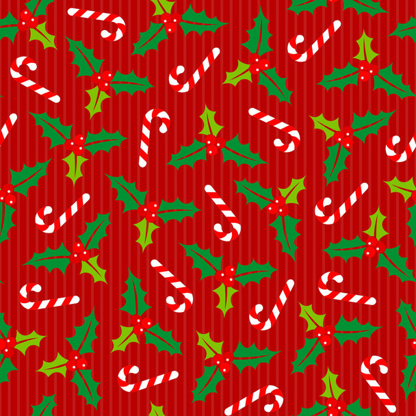 Groot naadloos patroon hulst en suikerriet strepen rood groen wit - Vector, afbeelding