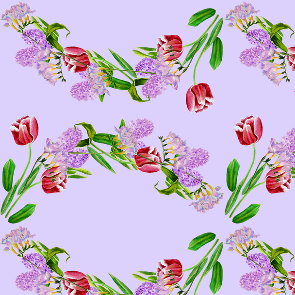 Seamless pattern with blue hyacinths and tulips - Zdjęcie, obraz
