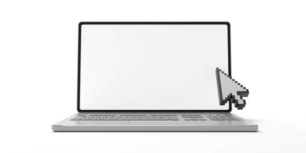 ラップトップ上のマウスカーソルポインタ、白い背景。3Dイラスト - 写真・画像