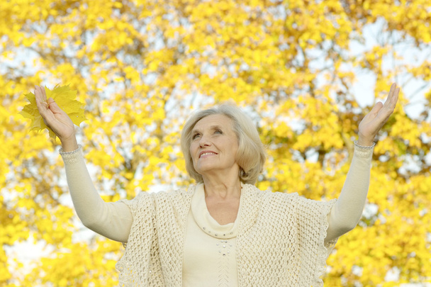 Happy senior woman in autumn park - Photo, Image
