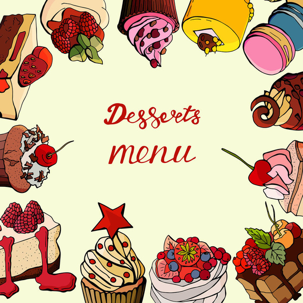 dessertmenu van kleurrijke, verrukkelijke en heerlijke taarten - Vector, afbeelding