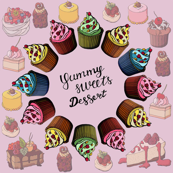zoet cupcake dessert in een cirkel van verschillende kleuren - Vector, afbeelding