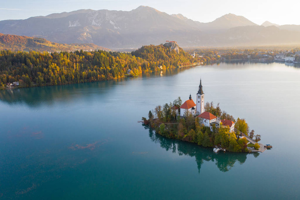 Luchtfoto van het kleurrijke bos en Lake Bled met een klein eiland met een kerk. Zonsopgang in Slovenië in de herfst. - Foto, afbeelding