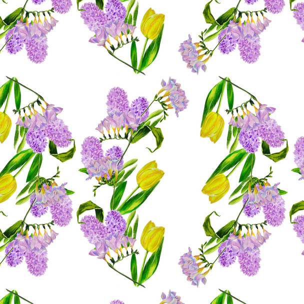 Seamless pattern with lilac and tulips - Фото, изображение