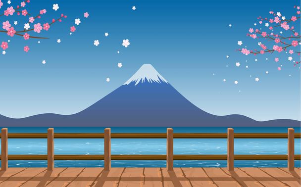 Japonca nehir kıyısındaki Fuji Dağı manzarası - Vektör, Görsel