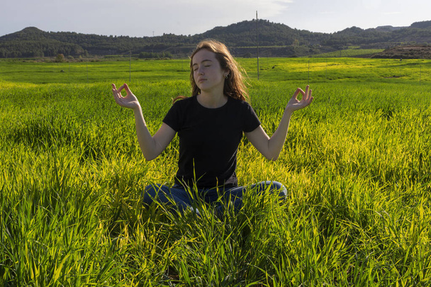 Jovem caucasiana ruiva, com cabelos longos e sardas, sentada na grama em uma posição de ioga. mindfulness, meditação e cena relaxante
 - Foto, Imagem