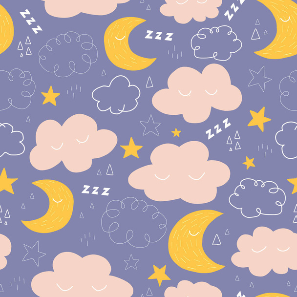 Luna, stelle e nubi modello vettoriale senza soluzione di continuità con simpatici personaggi del cielo notturno. Sogni d'oro che ripetono sfondo. Buona notte Illustrazione vettoriale per tessuto, abbigliamento per bambini, biancheria da letto, vivaio, decorazione
 - Vettoriali, immagini