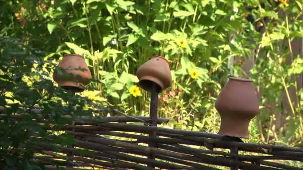 Régi korsók lógnak a kerítésen egy néprajzi múzeumban, mint az ősi népek háztartási tárgyai. - Felvétel, videó