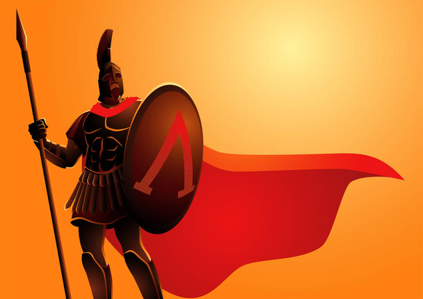 Ancient warrior wearing helmet and red cloak - Vector, Image
