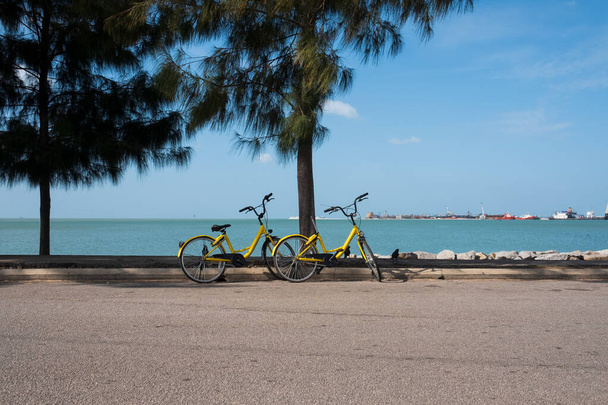 Kilátás a Malacca-szorosra a tengerpartról. Két kerékpár parkol az úton.. - Fotó, kép