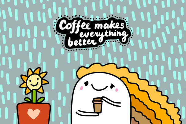 Кофе делает все лучше нарисованной вручную векторной иллюстрацией в карикатурном комическом стиле женщины, счастливо держащей чашку с напитком
 - Вектор,изображение
