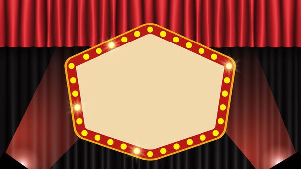 Shining retro banner on stage curtain - Vector, Image