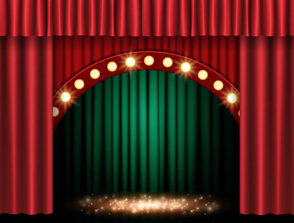 Hintergrund mit grünem und rotem Bogenvorhang - Vektor, Bild