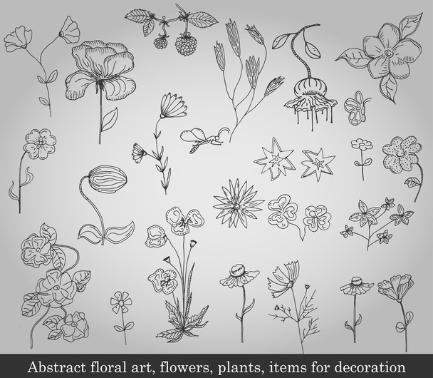 Abstract floral art, flowers, plants, items for decoration on gray background - Vector, Image