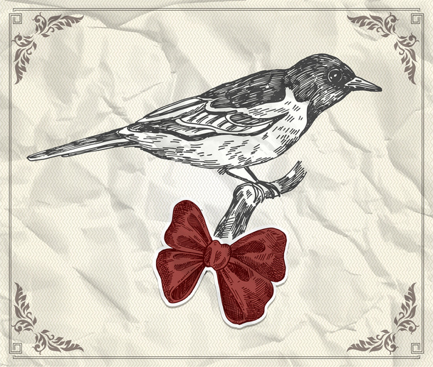 Tarjeta Vintage con pájaro y lazo rojo
 - Vector, Imagen