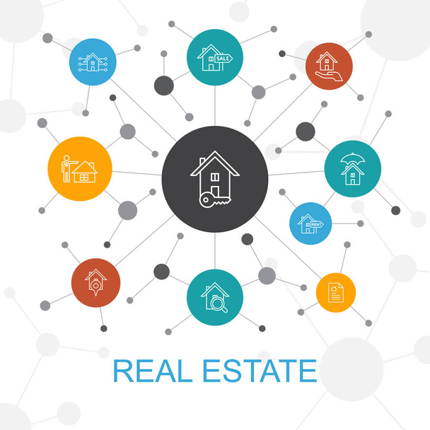 Concept web tendance immobilier avec des icônes. Contient des icônes telles que Propriété, Agent immobilier, emplacement, Propriété à vendre
 - Vecteur, image