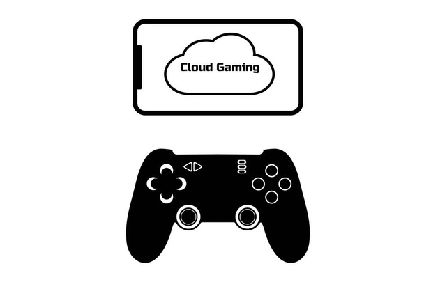 Felhő játék koncepció. Modern okostelefon és gamepad csatlakozik a felhő szolgáltatás. Mobil, PC, tablet, konzol játékok jövője. Fekete lapos egyszerű jel vagy ikon. Fehér háttér. Vektorillusztráció - Vektor, kép
