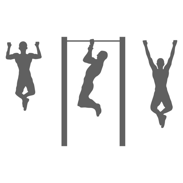 Silhouette of a man engaged on a crossbar. Man pulls up on a horizontal bar. Concept of sports, fitness, workout and strength exercises in the gym or outdoors. Isolated vector on white background. - Vector, Image